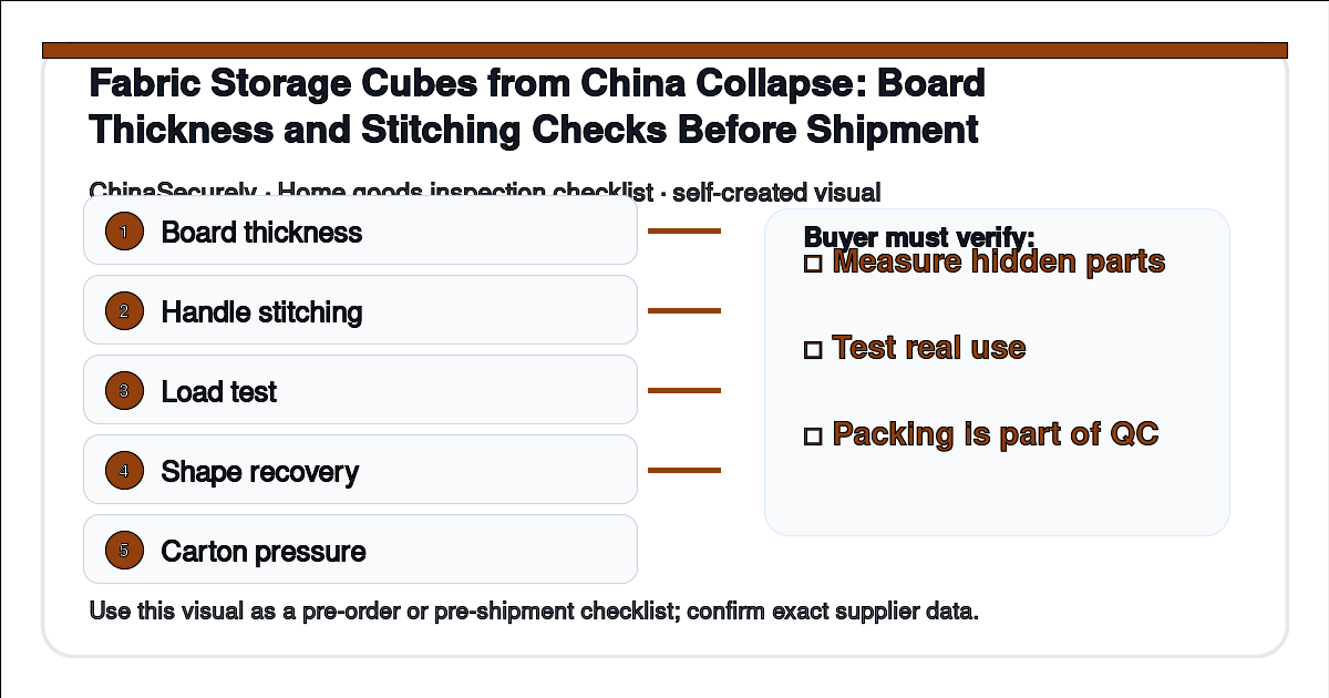 Inspection checklist for fabric storage cubes from China focusing on board thickness, stitching, handles, and packing