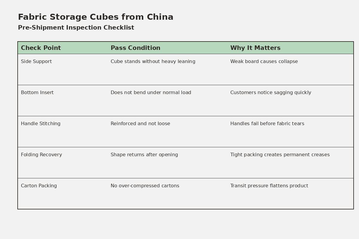 Pre-shipment inspection checklist for fabric storage cubes from China showing 5 critical checkpoints and pass conditions