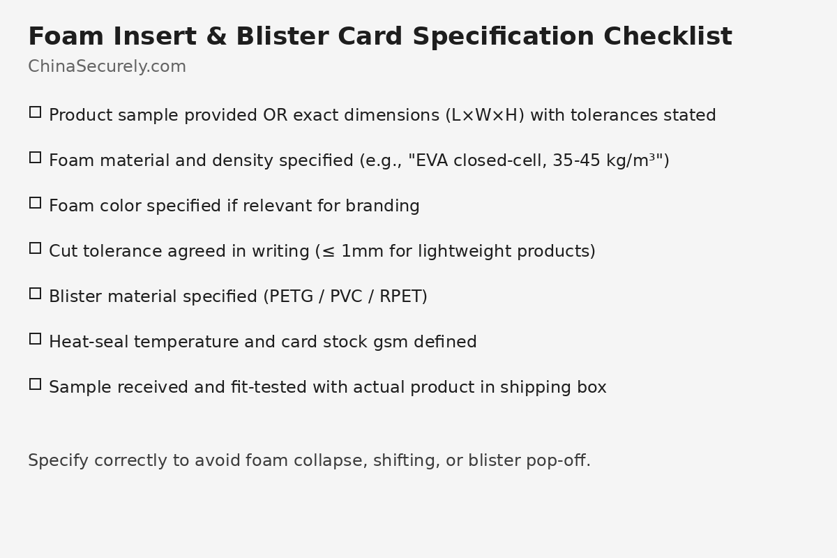Foam insert and blister card specification checklist for China sourcing