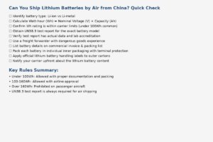 Checklist for shipping lithium batteries by air from China showing key requirements