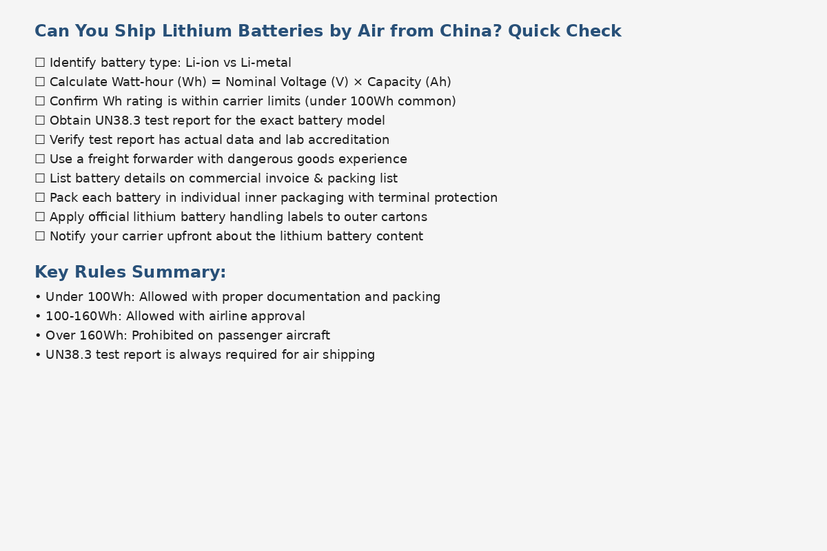 Checklist for shipping lithium batteries by air from China showing key requirements
