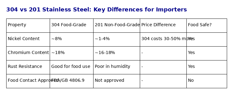 304 vs 201 Stainless Steel Comparison for Food-Grade Imports