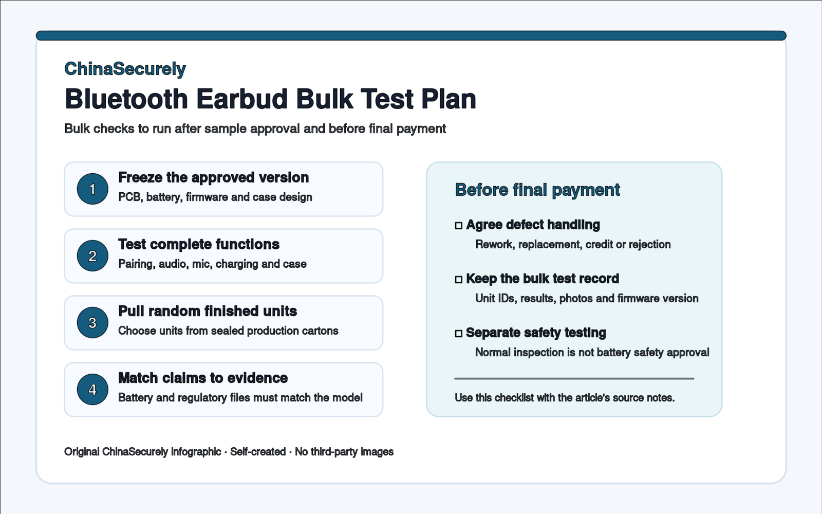Bluetooth earbud bulk test checklist for importers sourcing from China.