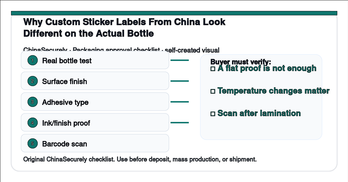 Checklist for testing custom sticker labels from China on the real bottle before mass printing.
