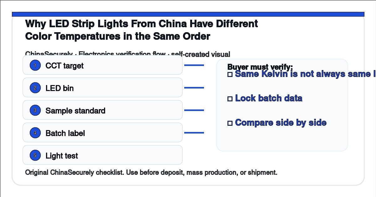 Quality control flow for preventing LED strip light color temperature mismatch when sourcing from China.