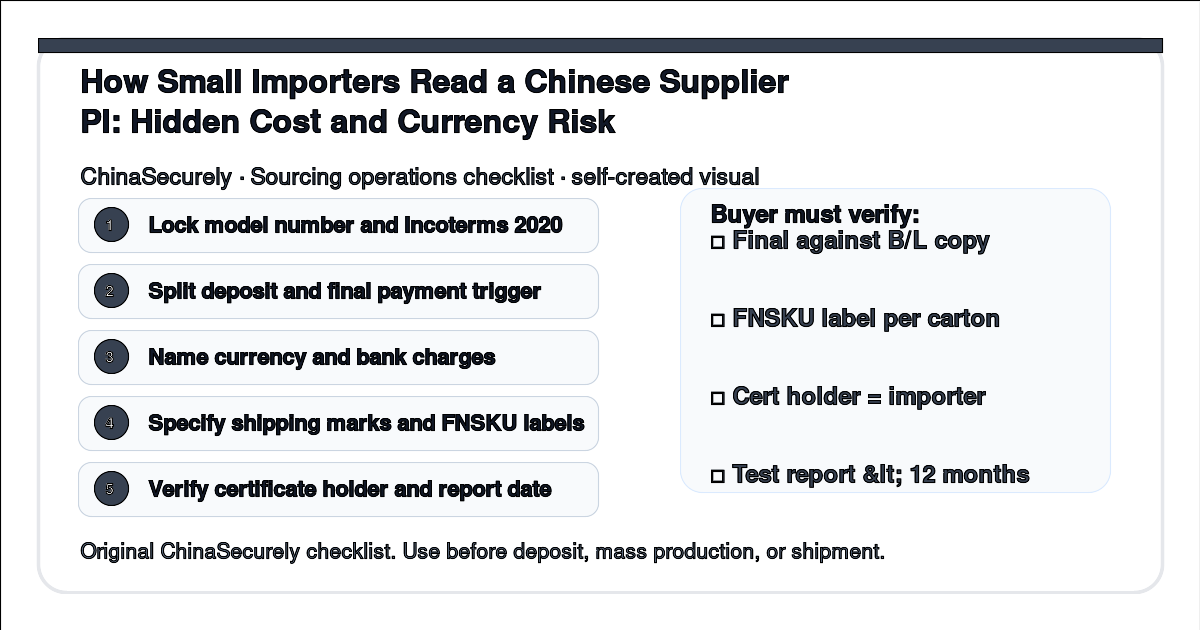 ChinaSecurely PI reading checklist covering payment, shipping mark, and certification blocks for small importers