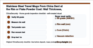 ChinaSecurely stainless steel travel mug rim wall thickness powder coat curing vacuum seal verification checklist