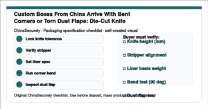 ChinaSecurely custom box die-cut corner bend test and dust flap tear verification checklist