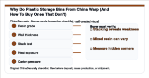 Material and stacking checklist for reducing warping risk in plastic storage bins sourced from China.