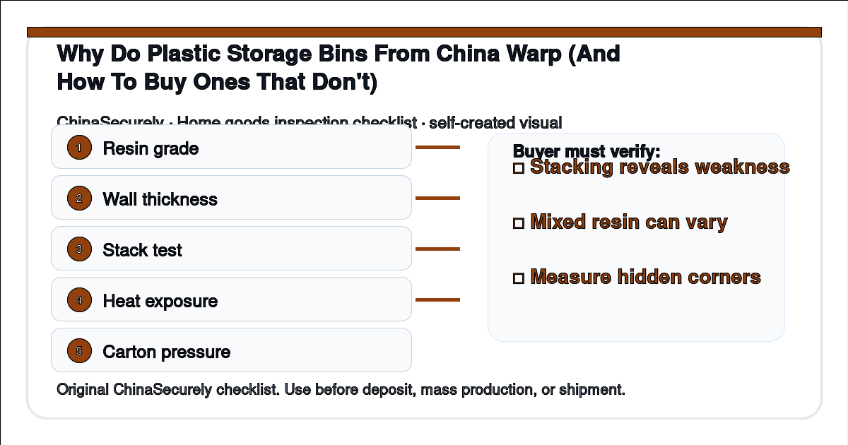 Material and stacking checklist for reducing warping risk in plastic storage bins sourced from China.
