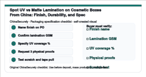 ChinaSecurely spot UV vs matte lamination cosmetic box specification checklist