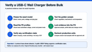 Six-step checklist for verifying a USB-C wall charger before bulk production
