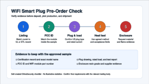 WiFi smart plug pre-order checklist for certification records, FCC ID, plug load, heat testing, and enclosure evidence