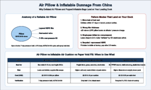 Air pillow and inflatable dunnage infographic showing anatomy, failure modes, and a comparison table of HDPE air pillows, multi-layer inflatable cushions, and paper void fill