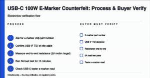 ChinaSecurely USB-C 100W cable e-marker chip counterfeit verification flowchart